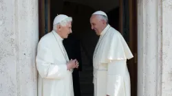 Pope Francis visits Pope Emeritus Benedict XVI at the Mater Ecclesiae monastery in Vatican City to exchange Christmas greetings Dec. 23, 2013. | Vatican Media