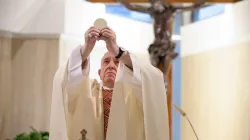 Pope Francis celebrates Mass in the chapel of the Casa Santa Marta May 10, 2020. Credit: Vatican Media.