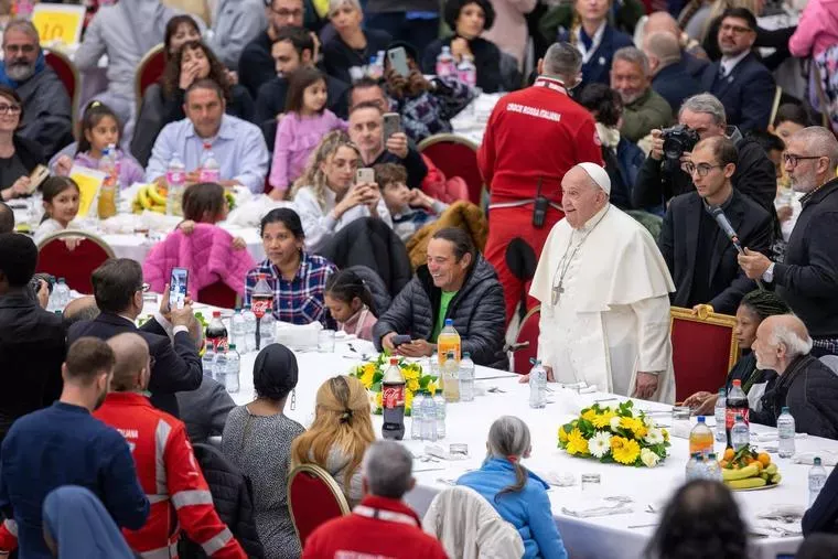 Pope Francis has had a full schedule these 365 days. Above, he joins the poor for lunch on November 17. Credit: Daniel Ibáñez/EWTN News