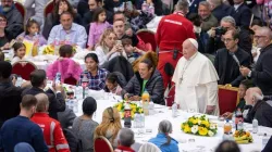 Pope Francis has had a full schedule these 365 days. Above, he joins the poor for lunch on November 17. Credit: Daniel Ibáñez/EWTN News