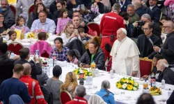 Pope Francis has had a full schedule these 365 days. Above, he joins the poor for lunch on November 17. Credit: Daniel Ibáñez/EWTN News