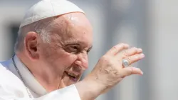 Pope Francis on the morning of June 7, 2023 shortly before heading to the hospital for abdominal surgery greets pilgrims at his general audience in St. Peter's Square. | Daniel Ibanez/CNA