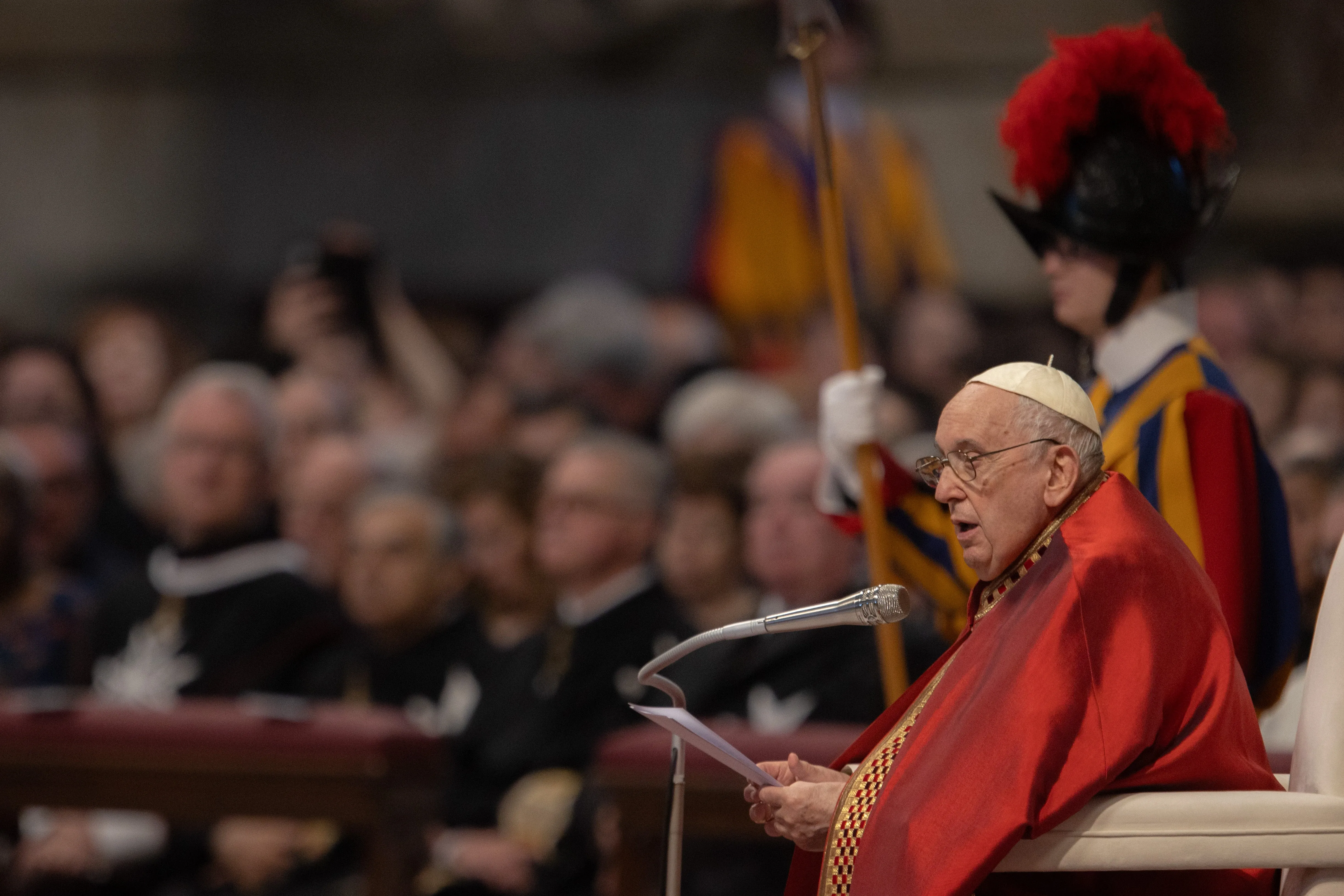 Pope Francis celebrated Mass on the solemnity of Sts. Peter and Paul, June 29, 2023, where he also blessed the pallia for new archbishops. / Credit: Daniel Ibañez/CNA