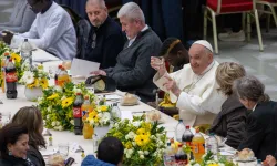 Pope Francis raises his glass at the start of a lunch with poor and economically disadvantaged people in the Vatican's Paul VI Hall on Nov. 19, 2023. / Credit: Daniel Ibanez/CNA