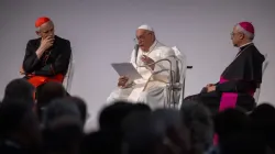 Pope Francis gives his blessing at the end of a speech to around 1,200 Catholics, Christian representatives, and politicians from throughout Italy on the final day of the 50th annual Social Week of Catholics, held in the northern Italian city of Trieste July 3-7, 2024. | Vatican Media