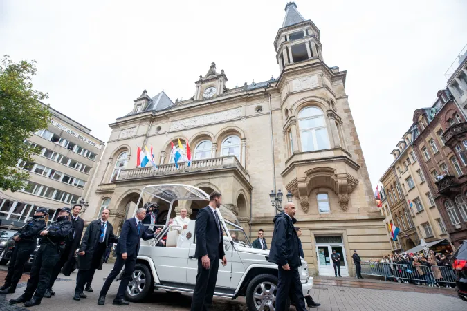 Pope Francis arrives for a meeting with the grand duke of Luxembourg at the Grand Ducal Palace on Sept. 26, 2024.