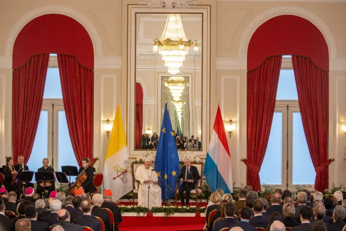 Pope Francis meets with members of the government, civil society, and the diplomatic corps at a Luxembourg administrative building, Cercle Cité, on Sept. 26, 2024.