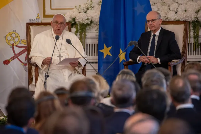 Pope Francis meets with the prime minister of the grand duchy, Luc Frieden, before addressing members of the government, civil society, and the diplomatic corps at a Luxembourg administrative building, Cercle Cité, on Sept. 26, 2024.