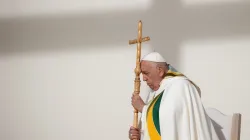 Pope Francis prays during Mass at King Baudouin Stadium in Brussels, Belgium, Sunday, Sept. 29, 2024 / Credit: Daniel Ibáñez/CNA