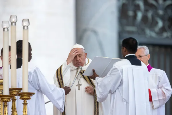 Pope Francis makes the sign of the cross as he opens the second assembly of the Synod on Synodality with a Mass on Oct. 2, 2024, in St. Peter’s Square. / Credit: Daniel Ibañez/CNA