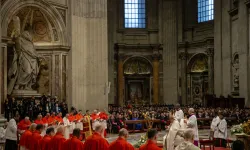 Pope Francis prays at the consistory for the creation of 21 new cardinals at St. Peter's Basilica, Vatican City, Dec. 7, 2024. / Credit: Daniel Ibáñez/CNA