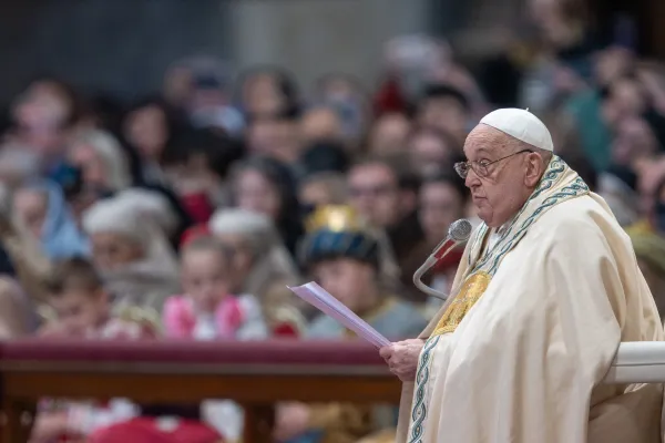 Pope Francis delivers his homily during the Jan. 1, 2025, Mass at St. Peter's Basilica, marking both the solemnity of Mary, Mother of God and the 58th World Day of Peace. / Credit: Daniel Ibáñez/CNA