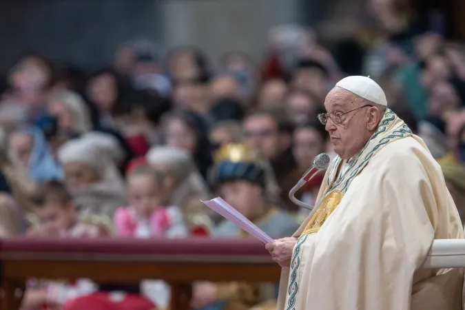 Pope Francis delivers his homily during the Jan. 1, 2025, Mass at St. Peter's Basilica, marking both the solemnity of Mary, Mother of God and the 58th World Day of Peace.