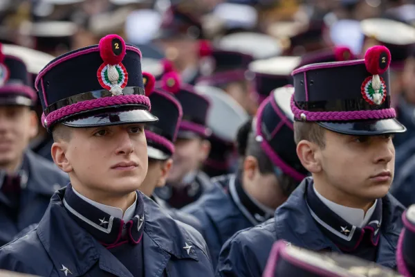 Military personnel in dress uniforms attend the Armed Forces Jubilee Mass in St. Peter’s Square on Feb. 9, 2025. / Credit: Daniel Ibáñez/CNA