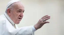 Pope Francis greets pilgrims in St. Peter's Square on Feb. 26, 2020. Credit: Daniel Ibáñez/CNA.