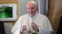 Pope Francis speaks during an in-flight press conference en route from Rome to Iraq March 8, 2021. Caption: Colm Flynn/CNA.