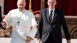 Pope Francis and Domenico Giani walk together on Oct. 13 at the Vatican. Credit: Daniel Ibanez/CNA