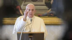 Pope Francis gives a blessing from the apostolic library after the Regina coeli April 26, 2020. Credit: Vatican Media.