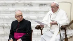 Pope Francis delivers his general audience address in the Paul VI Audience Hall at the Vatican, Oct. 7, 2020.