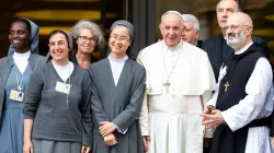 Sr. Nathalie Becquart (third from left) poses with Pope Francis and others during the youth synod in 2018. Credit: Daniel Ibanez/CNA.