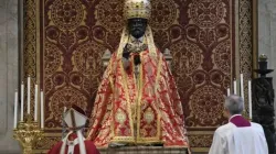 Pope Francis prays before the bronze statue of St. Peter on June 29, 2020. Credit: Vatican Media/CNA.