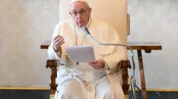 Pope Francis gives a general audience address in the library of the Apostolic Palace. Credit: Vatican Media.