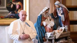 Pope Francis speaks during a general audience in the library of the Apostolic Palace. Credit: Vatican Media.