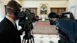 Pope Francis gives a general audience address in the library of the Apostolic Palace. Credit: Vatican Media