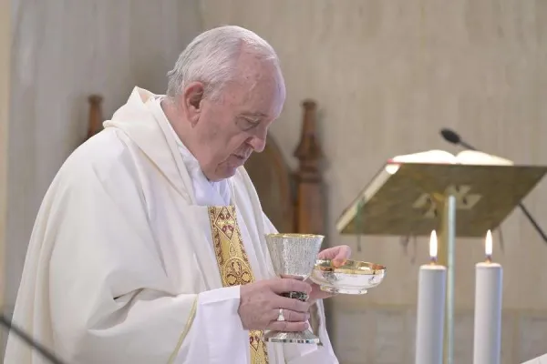 Pope Francis celebrates Mass in the chapel of the Casa Santa Marta July 8, 2020. Credit: Vatican Media.