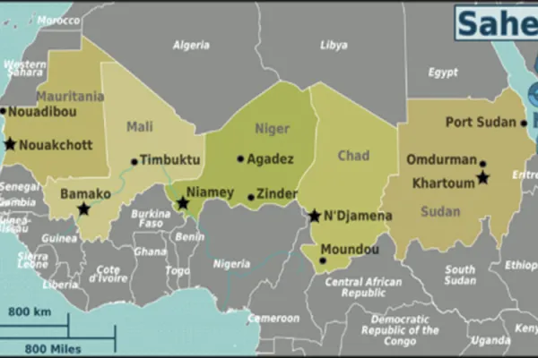 Map representing countries with the Sahel in Africa, a region affected by violence