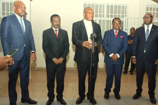 Fridolin Cardinal Ambongo addressing journalists after an audience he granted a section of government officials in the country led by the Speaker of the National Assembly. Credit: Courtesy Photo