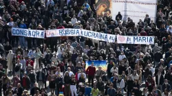 Banner calling for the consecration of Russia is displayed during Pope Francis' Angelus in St. Peter's Square on March 13, 2022. Vatican Media