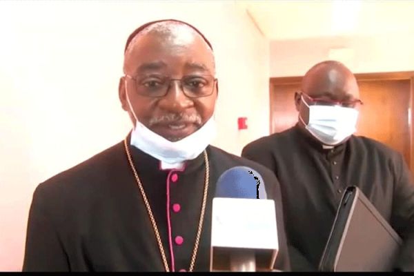 Archbishop Jean Patrick Iba-Ba of Gabon’s Libreville Archdiocese during an interview with journalists shortly after meeting with Gabon's Interior Minister.