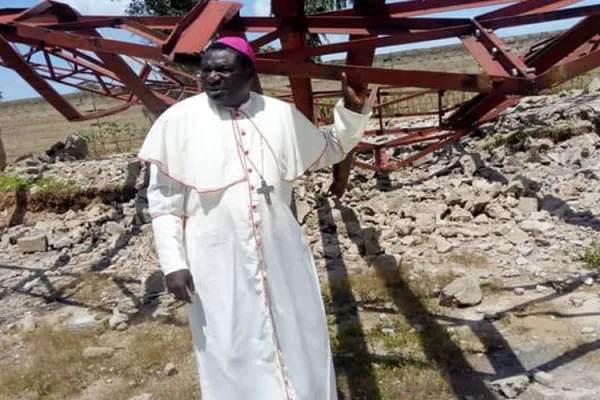 Bishop Hilary Nanman Dachelem of Bauchi, Nigeria, surveys damage inflicted on a parish church by Boko Haram and Fulani herdsmen. Credit: Aid to the Church in Need