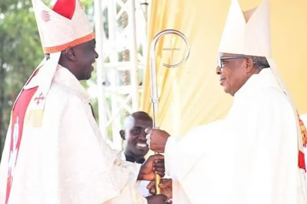 The installation of Bishop Dominic Kimengich (left) as the Local Ordinary of Kenya's Eldoret Diocese by John Cardinal Njue (right) at Mother of Apostles Seminary grounds in Eldoret on February 1, 2020
