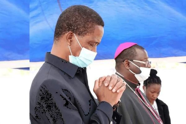 Bishop Moses Hamungole and President Egar Lungu during the handing over ceremony of the Five-hectare piece of land Saturday, July 4, 2020.