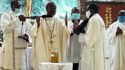 Bishop George Nkuo of the Catholic Diocese of Kumbo in Cameroon blessing the oils at the Chrism Mass Thursday, May 28, 2020. / Deacon Leonard Nyuydze