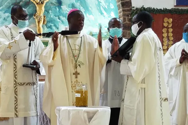 Bishop George Nkuo of the Catholic Diocese of Kumbo in Cameroon blessing the oils at the Chrism Mass Thursday, May 28, 2020. / Deacon Leonard Nyuydze