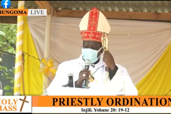 Bishop Joseph Obanyi Sagwe during the Priestly Ordination of Priestly ordination of Deacon Reuben Kemei in Kenya's Bungoma Diocese/ Credit: Courtesy Photo