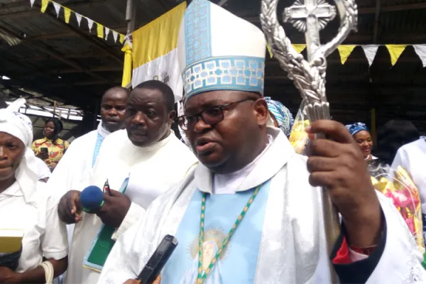 Bishop Michael Miabesue Bibi speaking to journalists at the end of Holy Mass to mark the 70th anniversary celebration of the canonical erection of Cameroon’s Buea Diocese. / ACI Africa