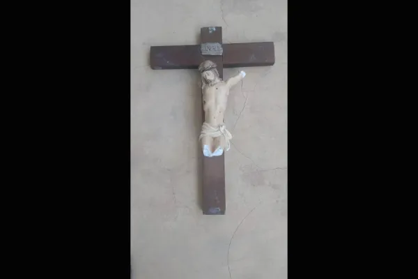 A crucifix which was destroyed during an attack on Saint Kisito minor seminary in Bougui, Burkina Faso, Feb. 10, 2022. Aid to the Church in Need