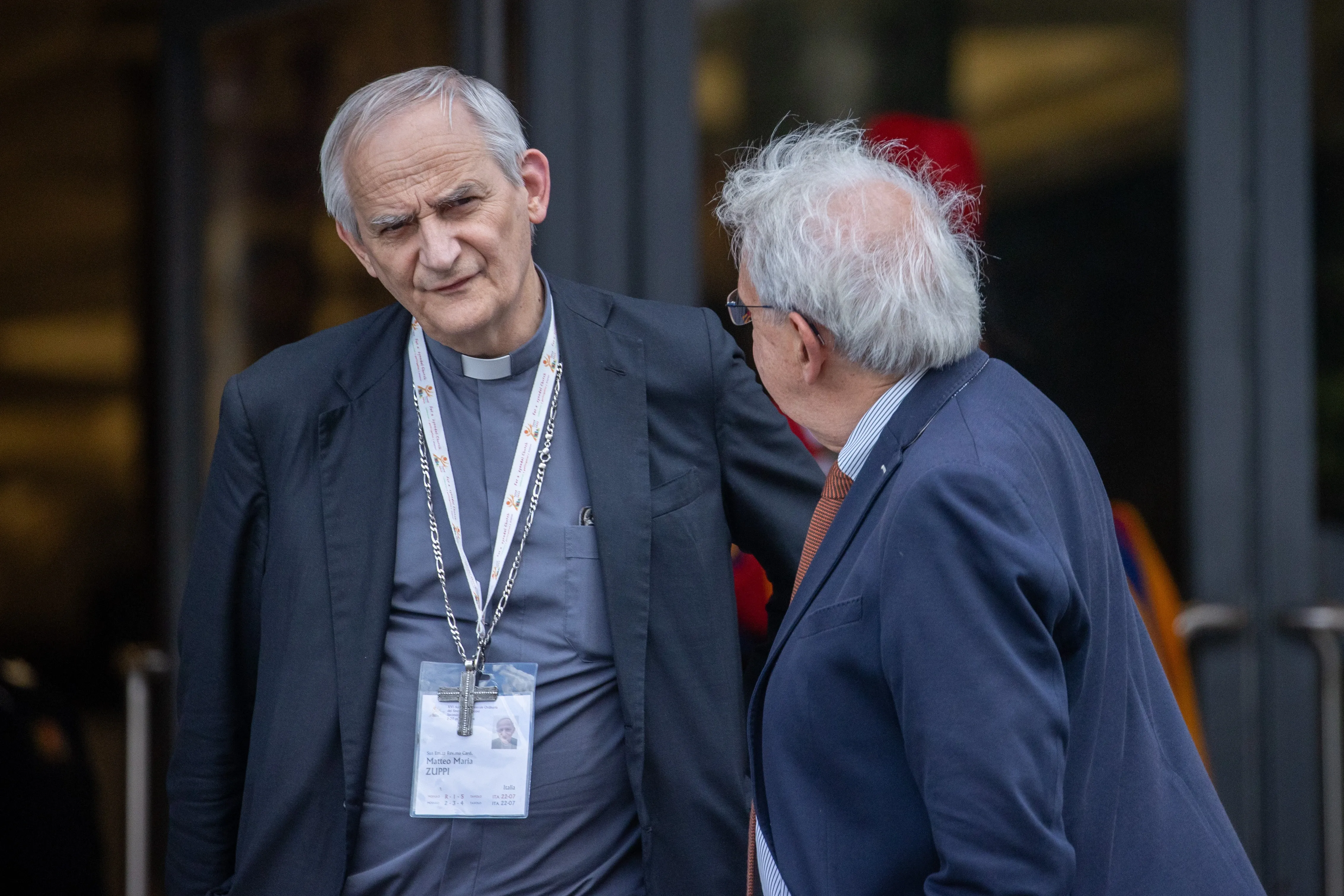 Cardinal Matteo Zuppi (left) arrives at the Vatican for Synod on Synodality meetings on Oct. 10, 2024. The Vatican announced on Monday, Oct. 14, that the cardinal returned to Moscow to meet with Russian authorities as part of the peace mission entrusted to him by Pope Francis. / Credit: Daniel Ibañez/CNA