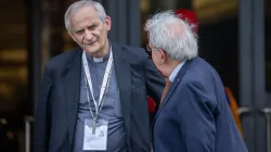 Cardinal Matteo Zuppi (left) arrives at the Vatican for Synod on Synodality meetings on Oct. 10, 2024. The Vatican announced on Monday, Oct. 14, that the cardinal returned to Moscow to meet with Russian authorities as part of the peace mission entrusted to him by Pope Francis. / Credit: Daniel Ibañez/CNA