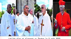 From left Fr.Sylvio Lodoïska and Fr. Eddy Coosnapen set to celebrate their priestly silver jubilee and Fr. Gérard Sullivan and Maurice Cardinal Piat who will be celebrating their golden priestly jubilee on August 2. / Port-Louis Diocese