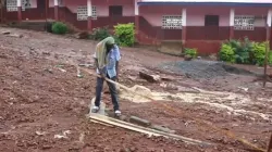 Ongoing repairs at Kiera Chaplin Desert Flower School of Caritas Freetown following a mudslide that killed a six-month-old baby. Several communities in western Sierra Leone are experiencing destructive floods and mudslides Regards. Credit: Caritas Freetown