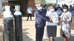 The University Registrar, Mr. Francis Vincent Nkhoma making a symbolic presentation of the donated items to Ngulundi Mission Hospital Manager, Sr. Mercy Kanyumbu. Credit: CUNIMA website