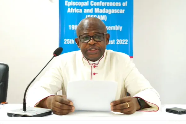 Mons. Donatien Nshole, reading the message of members of the National Episcopla Conference of Congo (CENCO) on July 27 in Accra, Ghana. Credit: ACI Africa