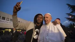 Pope Francis visits a reception center for asylum seekers in Castelnuovo di Porto, north of Rome, on March 24, 2016. Vatican Media.