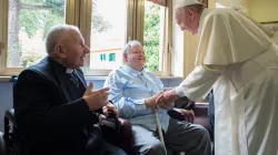 Pope Francis greets the elderly priest-residents of Casa San Gaetano in Rome on June 17, 2016. Vatican Media.