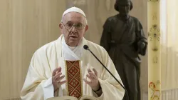 Pope Francis celebrates Mass in the chapel of the Casa Santa Marta on May 1, 2020, the Feast of St. Joseph the Worker. Vatican Media.